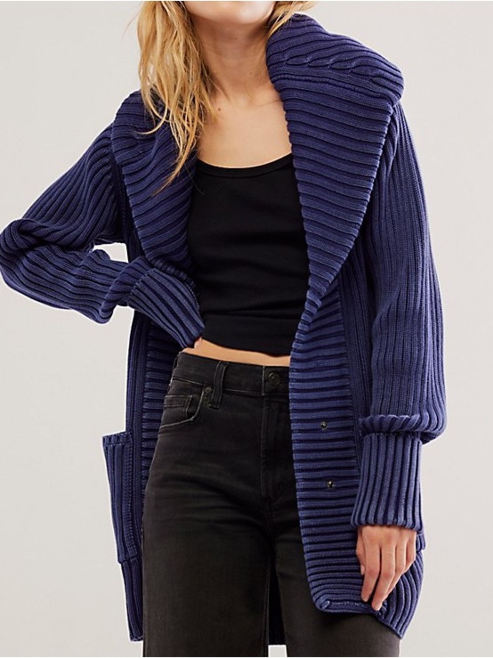 Free People Ryanne Long Haul Cardigan Size Large Chunky Knit Sweater Blue NWOT
